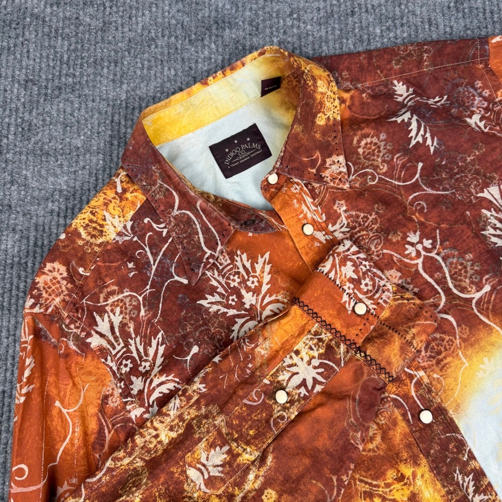Indigo Palms Pearl Snap Shirt Mens XL Cotton Damask Print Western Desertcore